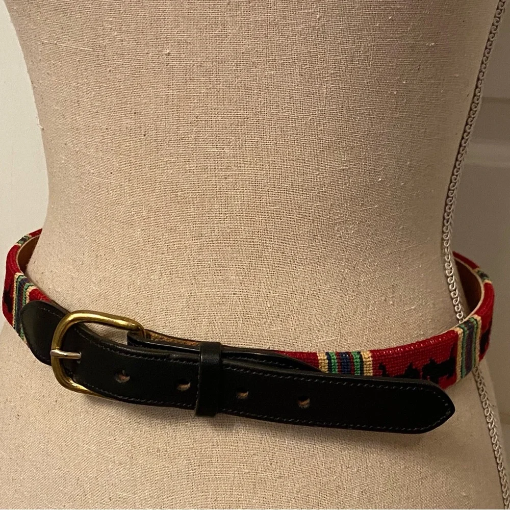 NEEDLEPOINT BELT HAND CRAFTED RED BLACK SCOTTIE DOGS TERRIER LEATHER SIZE 32
